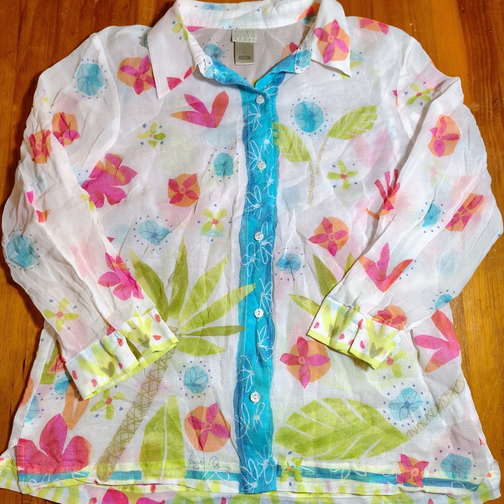 Sigrid Olsen Sport Girls White Floral Palm‎ Print Button Down Shirt
